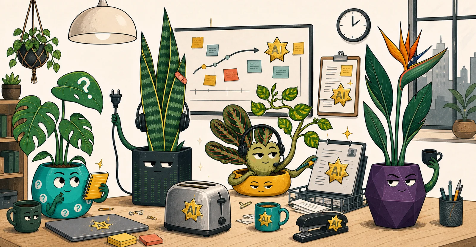 Plant characters Maya, Tom, Elena and Nora in an office where AI sparkle stickers cover a roadmap, toaster, stapler and support document.