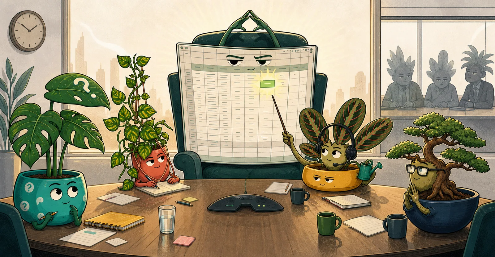 A giant spreadsheet sits in the executive chair while plant characters Maya, Bea, Priya and Victor listen around a meeting table.