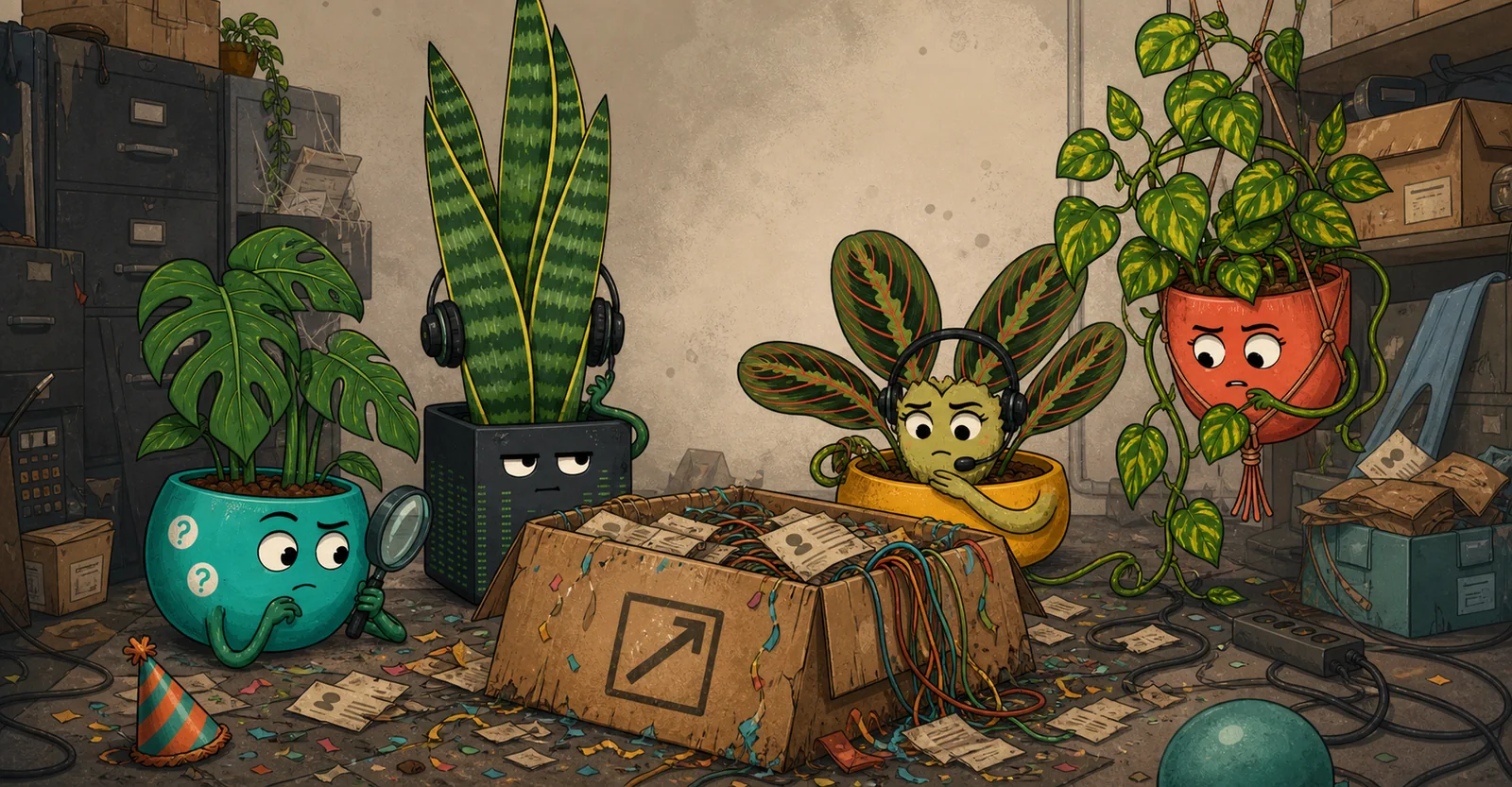 Plant characters Maya, Tom, Elena and Jules discover a dusty export feature box full of support tickets and dependency cables.